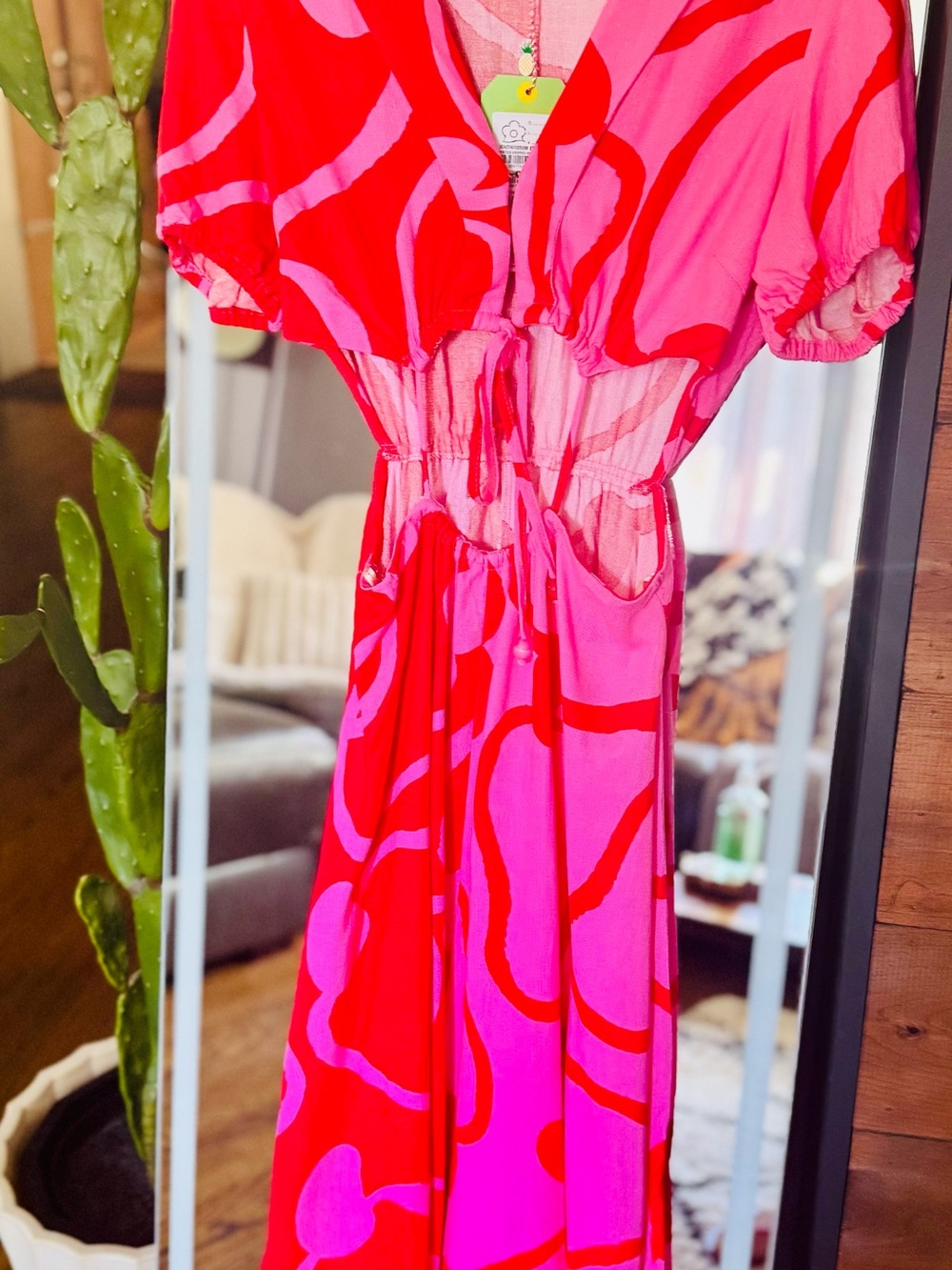Farm rio sz m Red & Pink Tie-Front Maxi Dress waist cut - Picture 4 of 8